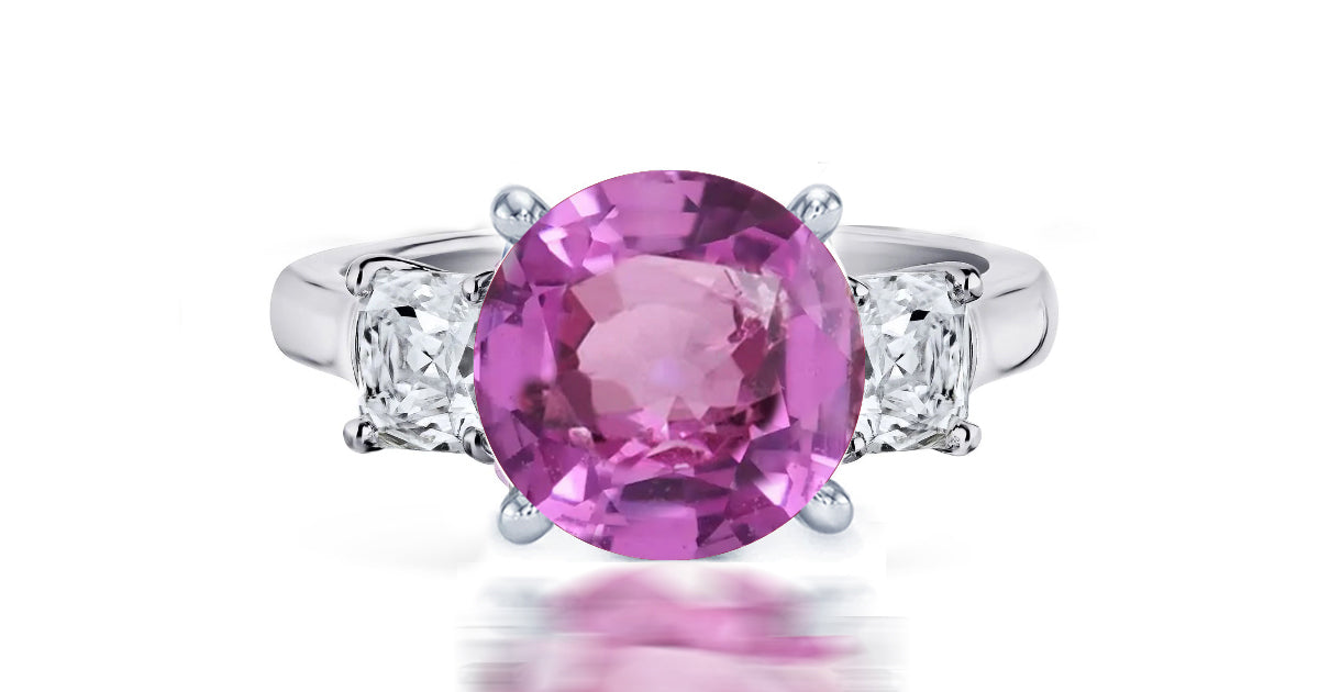 257 custom made unique round pink sapphire center stone and asscher cut diamond accent three stone engagement ring