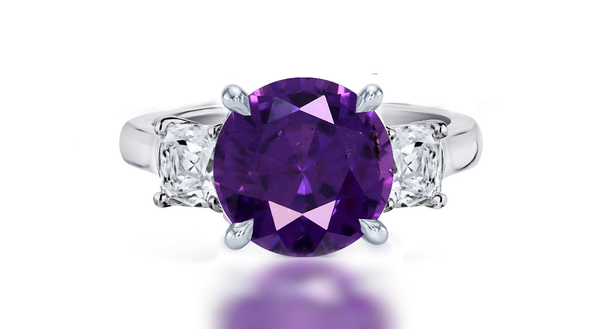 257 custom made unique round purple sapphire center stone and asscher cut diamond accent three stone engagement ring