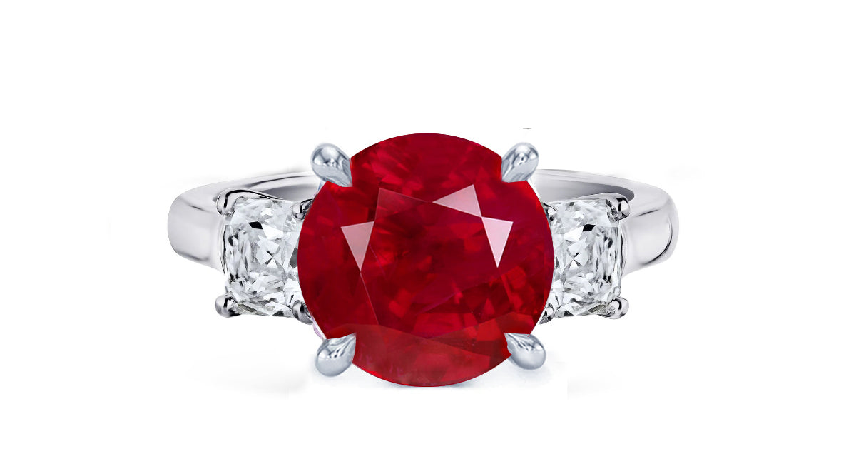 257 custom made unique round ruby center stone and asscher cut diamond accent three stone engagement ring