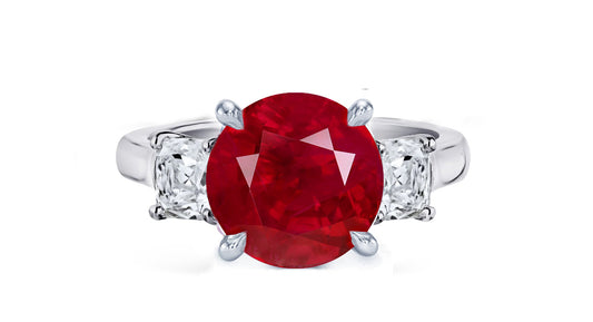 257 custom made unique round ruby center stone and asscher cut diamond accent three stone engagement ring