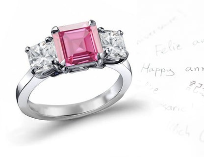 engagement ring with square pink sapphire center and side square diamonds