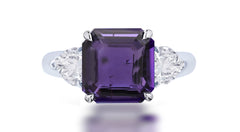 259 custom made unique square purple sapphire center stone and pear diamond accent three stone engagement ring