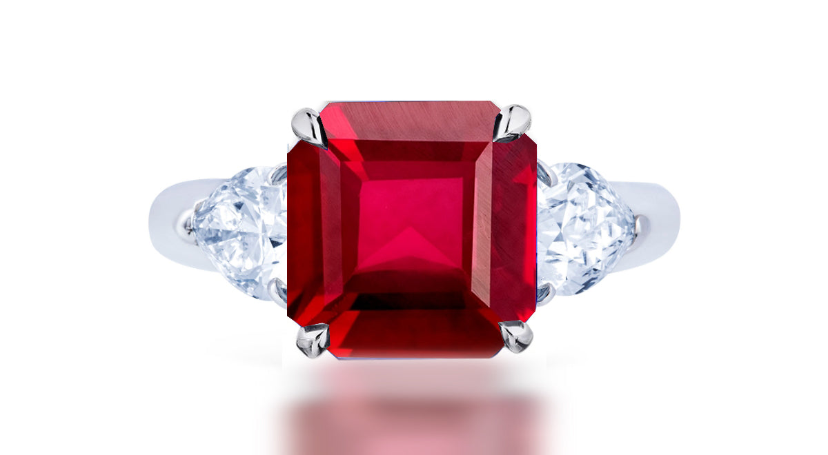 259 custom made unique square ruby center stone and pear diamond accent three stone engagement ring