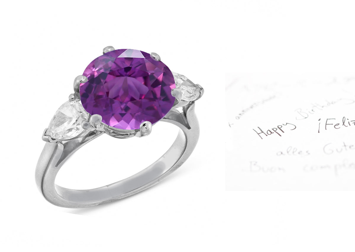 26 custom made unique round purple sapphire center stone with pear diamond accents three stone engagement ring