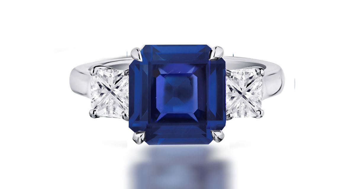 260 custom made unique square blue sapphire center stone and square diamond accent three stone engagement ring