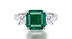 260 custom made unique square emerald center stone and square diamond accent three stone engagement ring