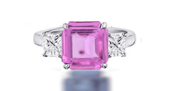 260 custom made unique square pink sapphire center stone and square diamond accent three stone engagement ring1