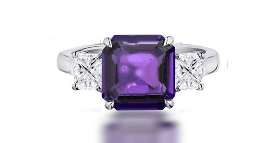 260 custom made unique square purple sapphire center stone and square diamond accent three stone engagement ring