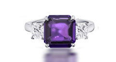 260 custom made unique square purple sapphire center stone and square diamond accent three stone engagement ring