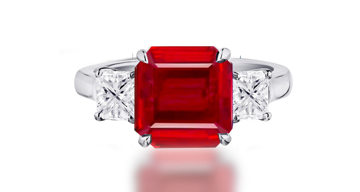 260 custom made unique square ruby center stone and square diamond accent three stone engagement ring