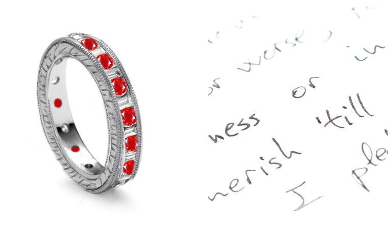 stackable eternity ring with alternating round rubies and baguette diamonds