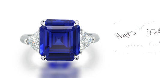 261 custom made unique square blue sapphire center stone and trillion diamond accent three stone engagement ring1