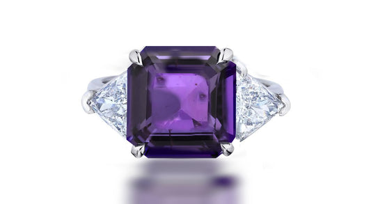 261 custom made unique square purple sapphire center stone and trillion diamond accent three stone engagement ring