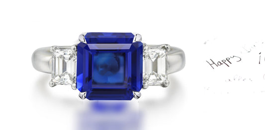 262 custom made unique square blue sapphire center stone and emerald cut diamond accent three stone engagement ring