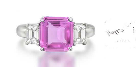 262 custom made unique square pink sapphire center stone and emerald cut diamond accent three stone engagement ring1