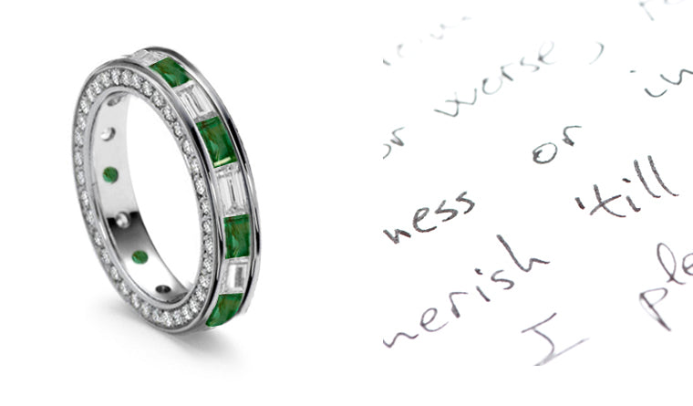 stackable eternity ring with alternating baguette emeralds and diamonds