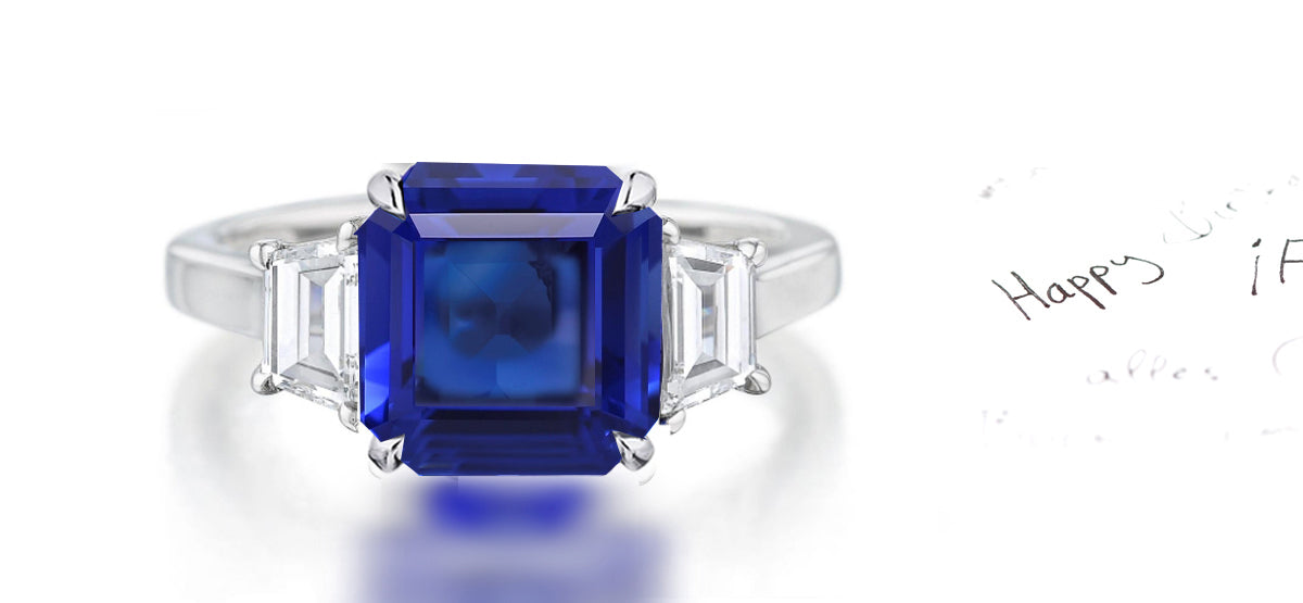 263 custom made unique square blue sapphire center stone and trapezoid cut diamond accent three stone engagement ring