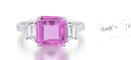 263 custom made unique square pink sapphire center stone and trapezoid cut diamond accent three stone engagement ring