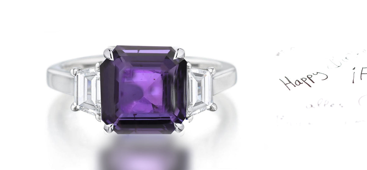 263 custom made unique square purple sapphire center stone and trapezoid cut diamond accent three stone engagement ring