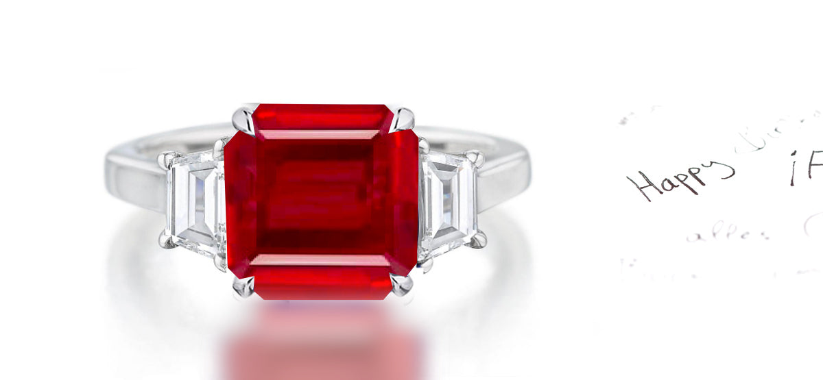 263 custom made unique square ruby center stone and trapezoid cut diamond accent three stone engagement ring