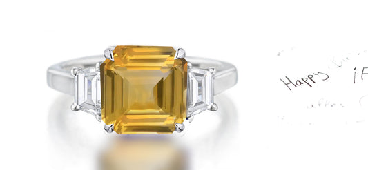 263 custom made unique square yellow sapphire center stone and trapezoid cut diamond accent three stone engagement ring