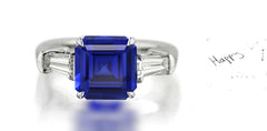 264 custom made unique square blue sapphire center stone and baguette cut diamond accent three stone engagement ring