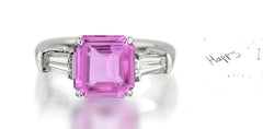 264 custom made unique square pink sapphire center stone and baguette cut diamond accent three stone engagement ring