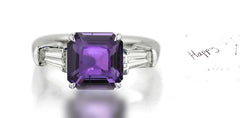 264 custom made unique square purple sapphire center stone and baguette cut diamond accent three stone engagement ring