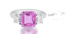 265 custom made unique asscher cut pink sapphire center stone and asscher cut diamond accent three stone engagement ring