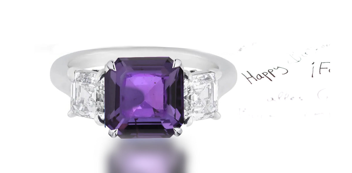 265 custom made unique asscher cut purple sapphire center stone and asscher cut diamond accent three stone engagement ring