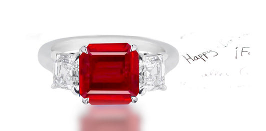 265 custom made unique asscher cut ruby center stone and asscher cut diamond accent three stone engagement ring