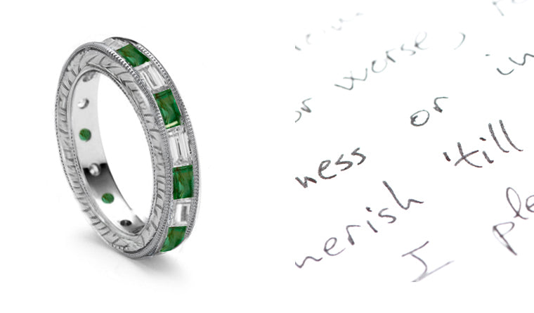 stackable eternity with alternating baguette emeralds and diamonds