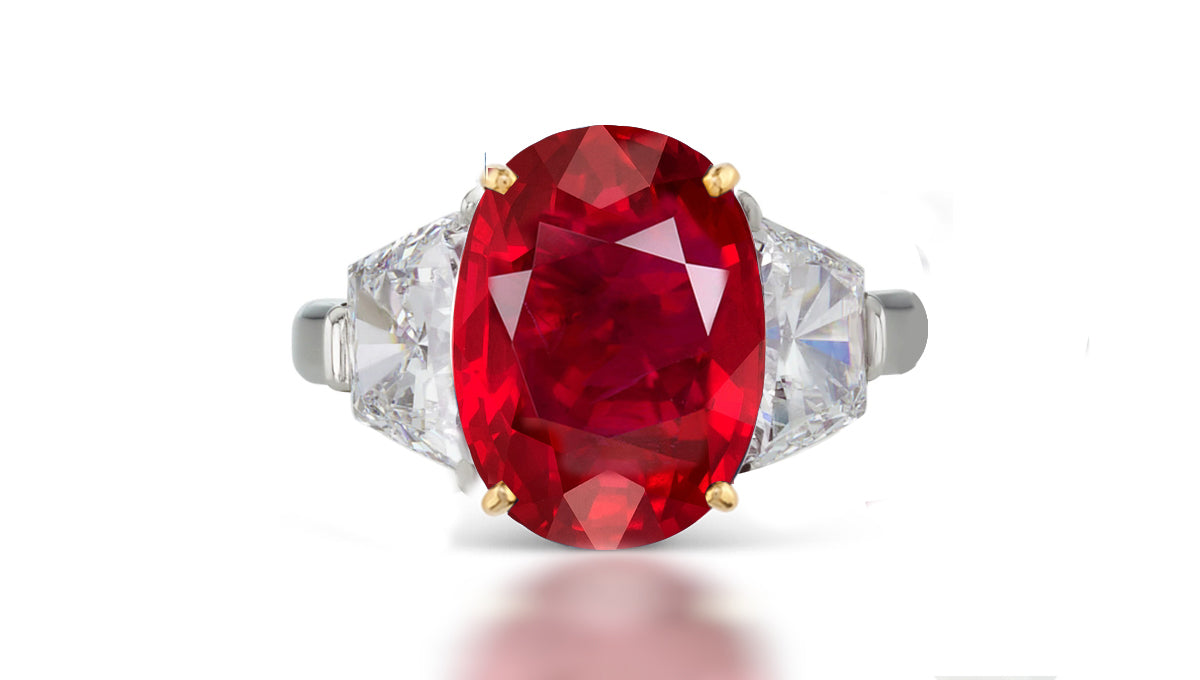 266 custom made unique oval ruby center stone and trapezoid diamond accent three stone engagement ring