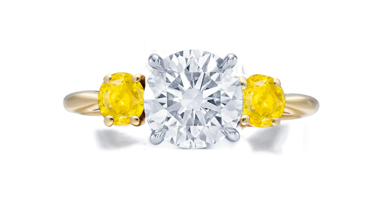 268 custom made unique round diamond center stone and round yellow sapphire accent three stone engagement ring