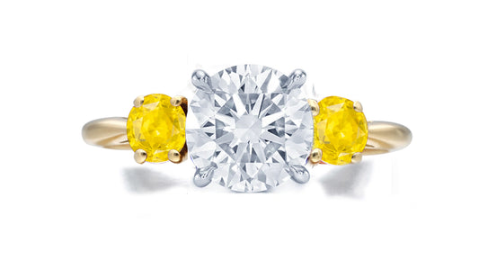 268 custom made unique round diamond center stone and round yellow sapphire accent three stone engagement ring