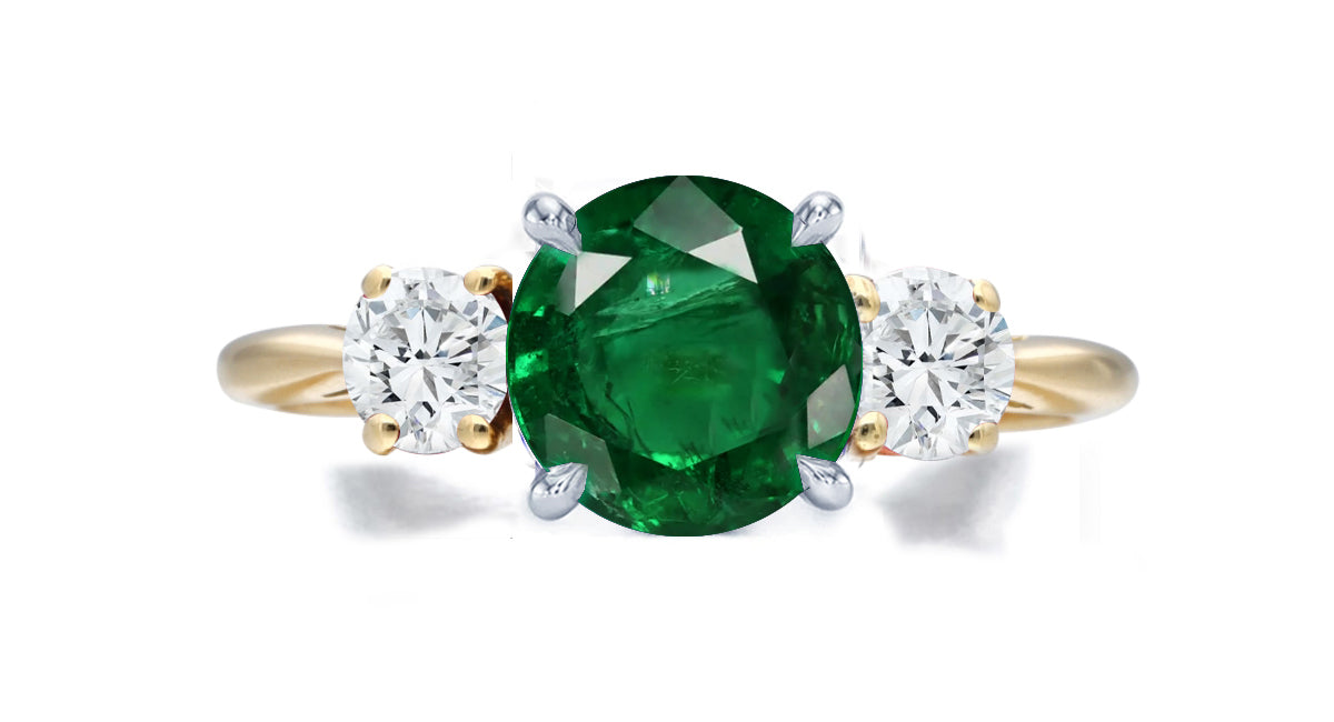 269 custom made unique round emerald center stone and round diamond accent three stone engagement ring