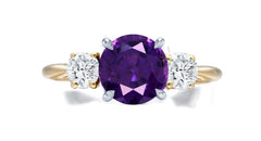 269 custom made unique round purple sapphire center stone and round diamond accent three stone engagement ring