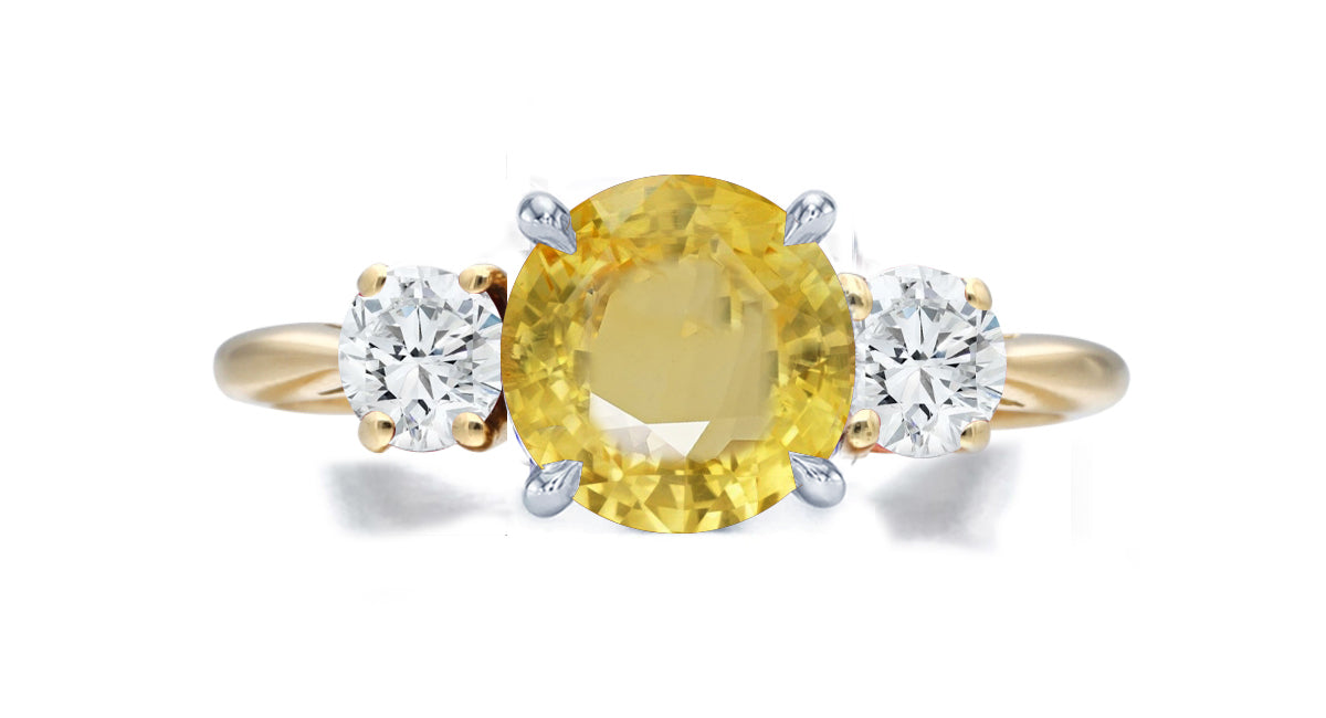 269 custom made unique round yellow sapphire center stone and round diamond accent three stone engagement ring