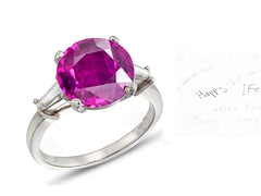 27 custom made unique round pink sapphire center stone with baguette diamond accents three stone engagement ring