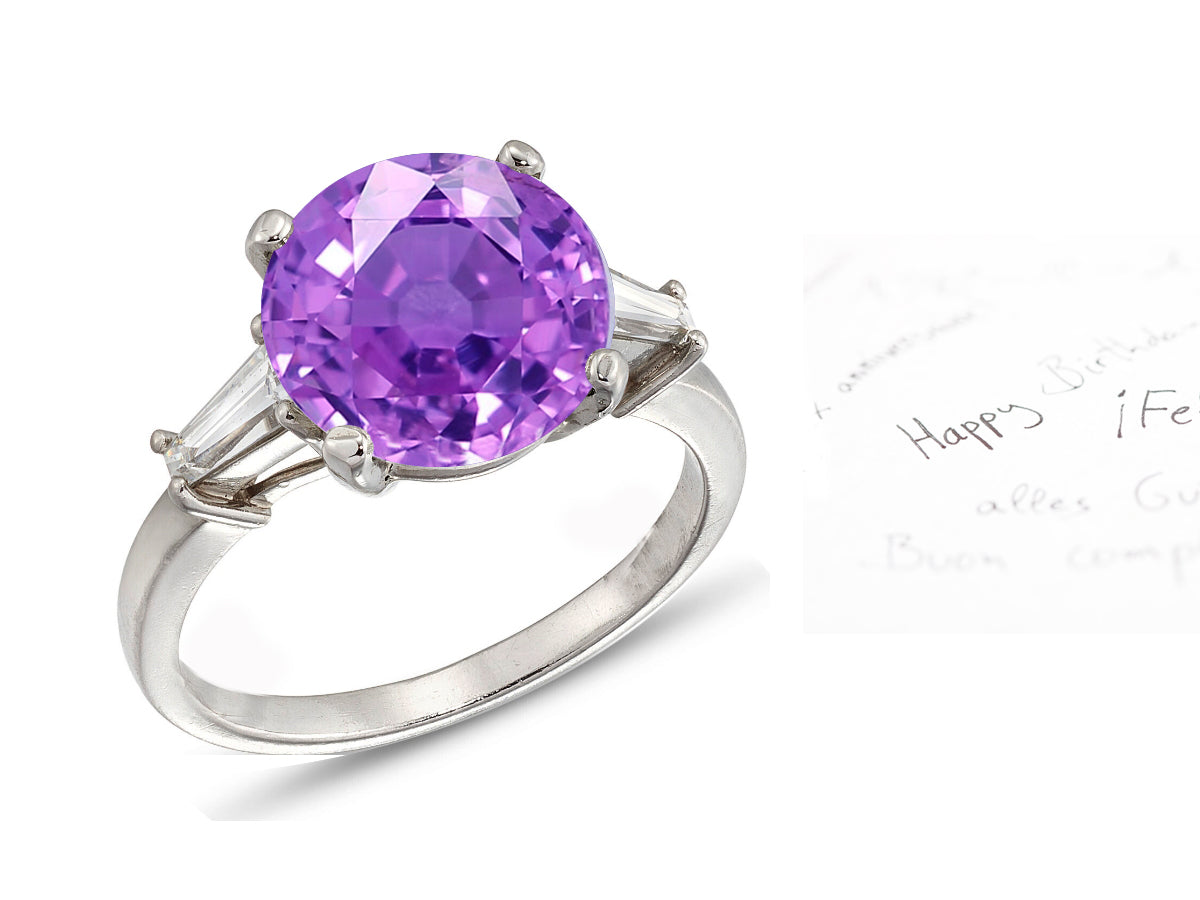 27 custom made unique round purple sapphire center stone with baguette diamond accents three stone engagement ring