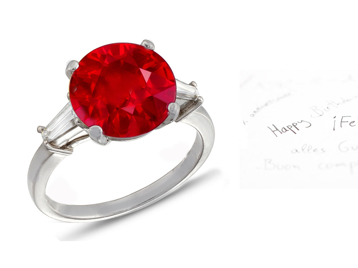 27 custom made unique round ruby center stone with baguette diamond accents three stone engagement ring