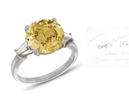 27 custom made unique round yellow sapphire center stone with baguette diamond accents three stone engagement ring