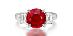 272 custom made unique round ruby center stone and emerald cut diamond accent three stone engagement ring