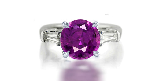 273 custom made unique round purple sapphire center stone and baguette cut diamond accent three stone engagement ring