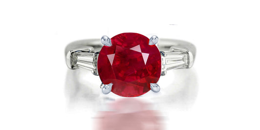 273 custom made unique round ruby center stone and baguette cut diamond accent three stone engagement ring