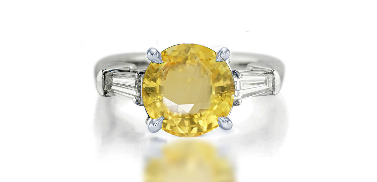 273 custom made unique round yellow sapphire center stone and baguette cut diamond accent three stone engagement ring