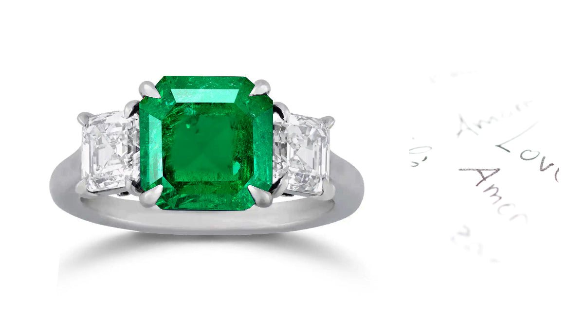 280 custom made unique asscher cut emerald center stone and diamond accent three stone engagement ring