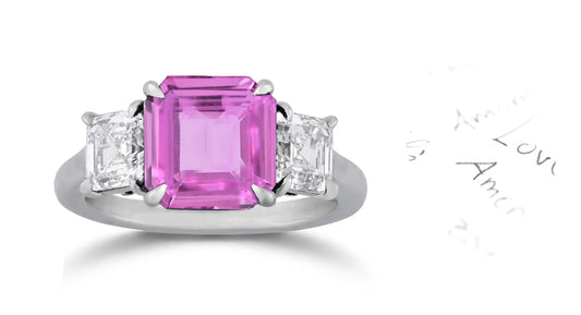 280 custom made unique asscher cut pink sapphire center stone and diamond accent three stone engagement ring