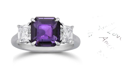 280 custom made unique asscher cut purple sapphire center stone and diamond accent three stone engagement ring