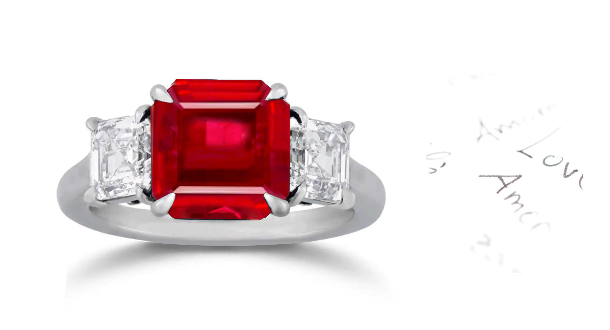 280 custom made unique asscher cut ruby center stone and diamond accent three stone engagement ring